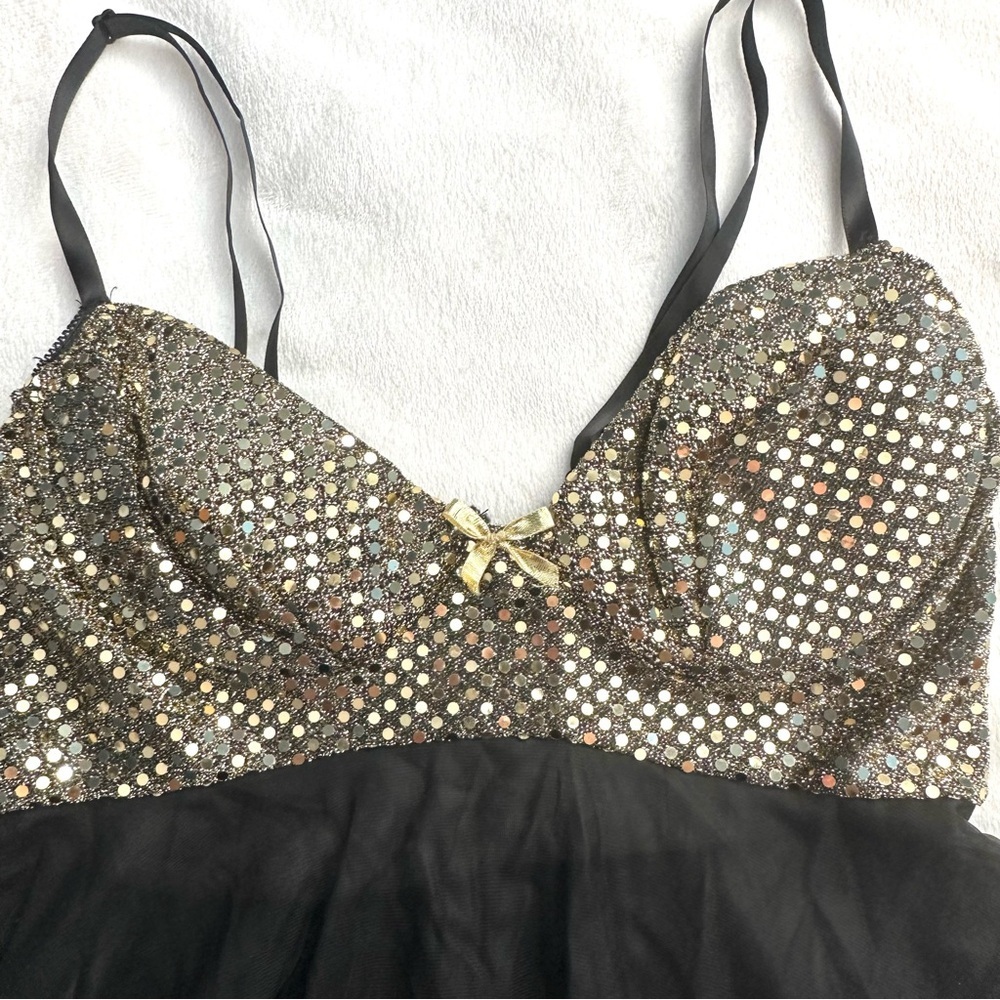 Vintage Je T’adore Gold Sequin & Sheer Nightie Babydoll Dress S Lingerie Black - Picture 6 of 10